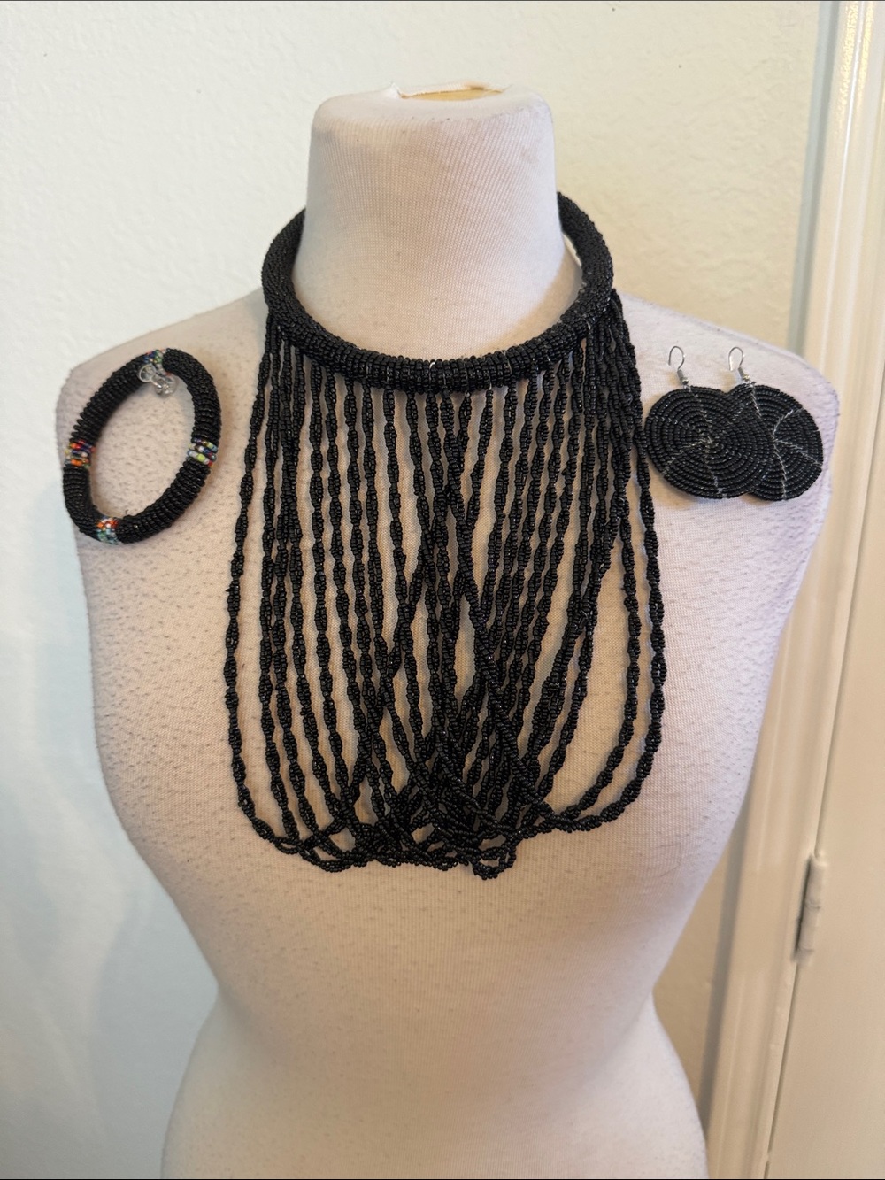 Handmade Black Beaded Fringe Necklace, Bangle and Earring Set. NWOT